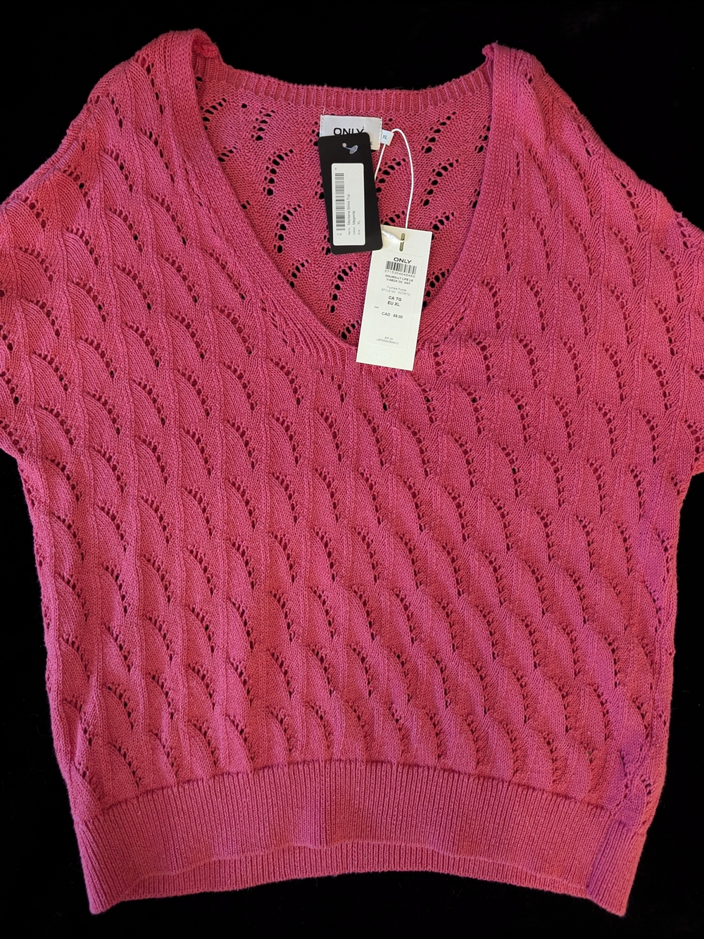 NWT ONLY Hot Pink V-Neck Openwork Knit Sweater - Picture 3 of 3